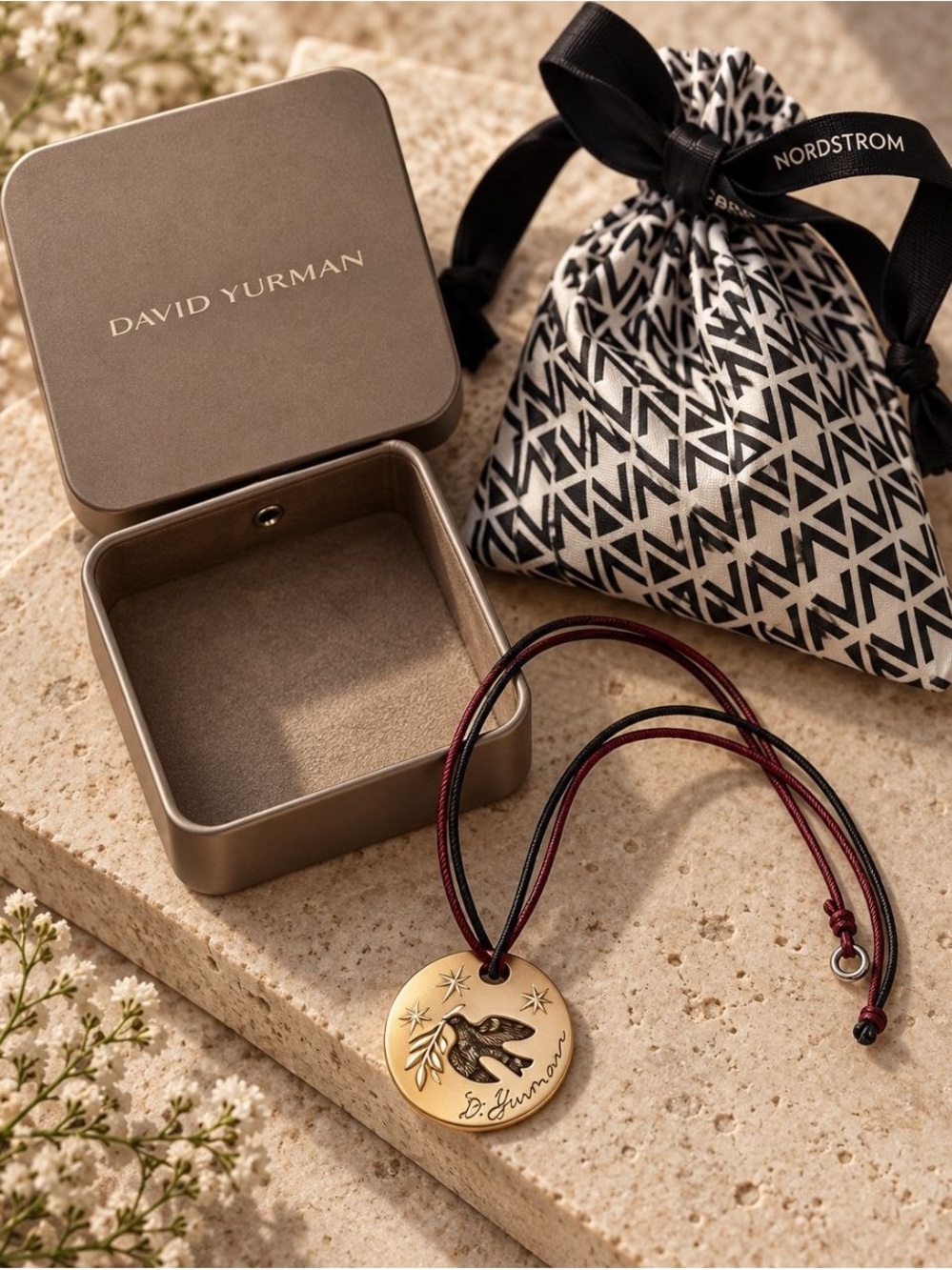 David Yurman Men’s Gold Tone Medallion Necklace with Burgundy Cord